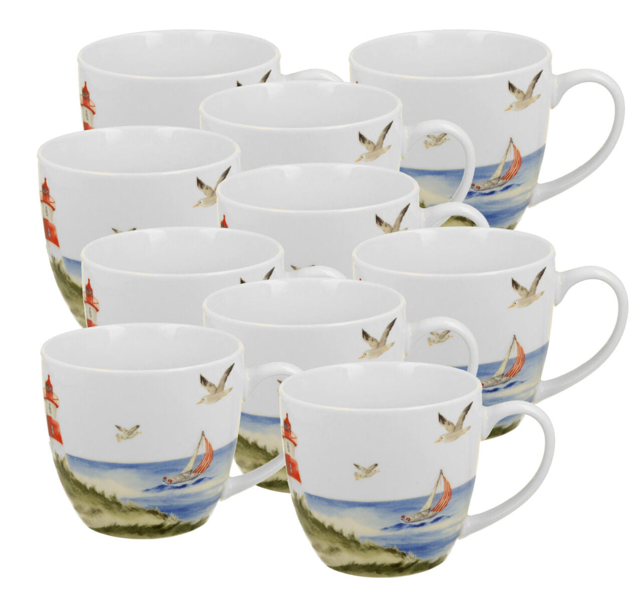 10er SET DUO Seaside Becher 460 ml LIGHTHOUSE (Leuchtturm) in Tragetasche, New Bone China Porzellan