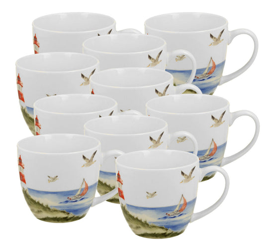 10er SET DUO Seaside Becher 460 ml LIGHTHOUSE (Leuchtturm) in Tragetasche, New Bone China Porzellan
