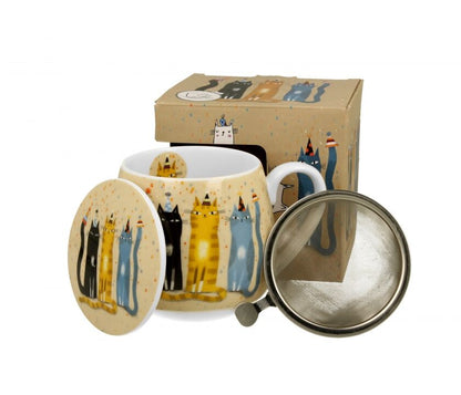 DUO ART GALLERY Fassbecher 430 ml CAT'S WORLD – PARTY mit Teesieb, New Bone China Porzellan