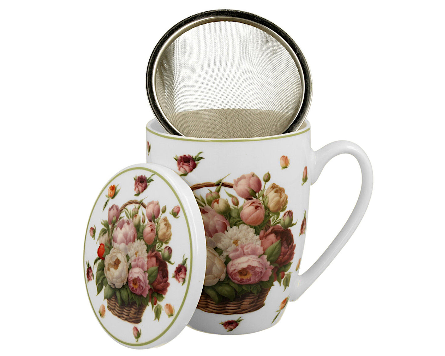 DUO Becher 360 ml BASKET OF FLOWERS PEONIES mit Teesieb, New Bone China Porzellan
