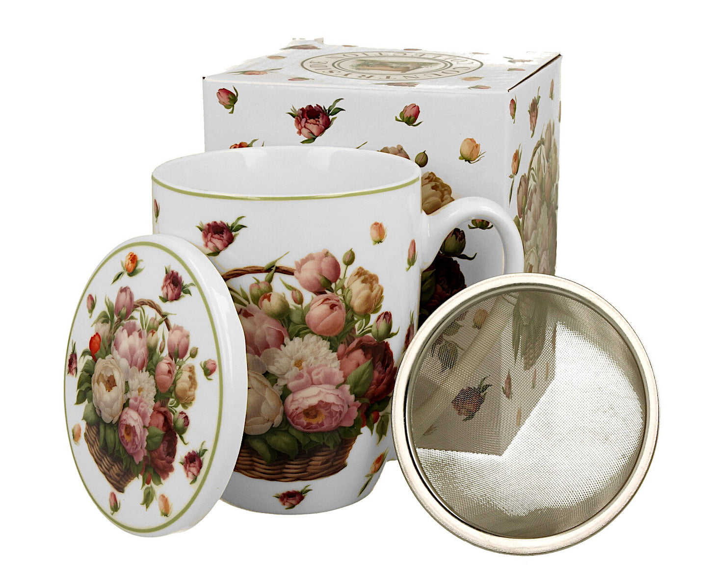 DUO Becher 360 ml BASKET OF FLOWERS PEONIES mit Teesieb, New Bone China Porzellan – Bild 3