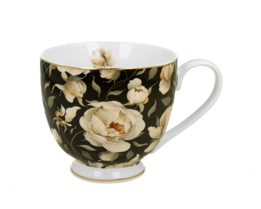DUO GOLDEN LINE Becher mit Fuß 530 ml ENGLISH ROSES BLACK, New Bone China Porzellan