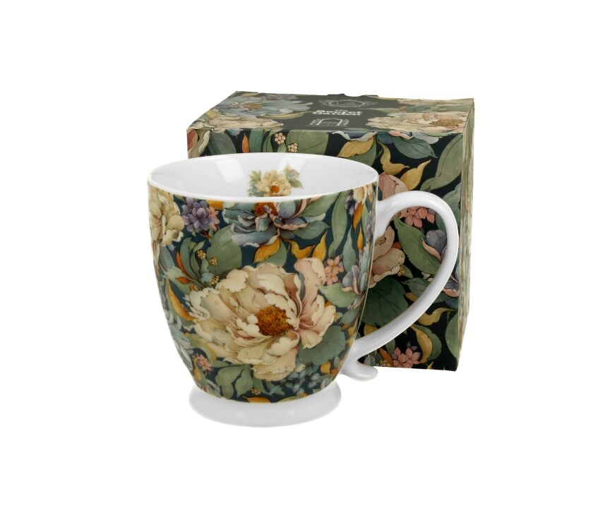 DUO FLOWERS ROYAL Becher 500 ml mit Fuß PEONY BLUE (Pfingstrose), New Bone China Porzellan