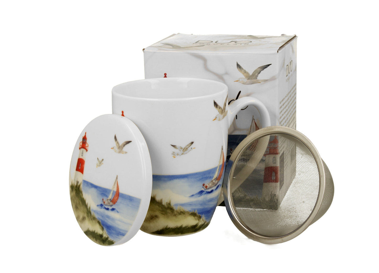 DUO Seaside Becher 360 ml LIGHTHOUSE (Leuchtturm) mit Teesieb, New Bone China Porzellan