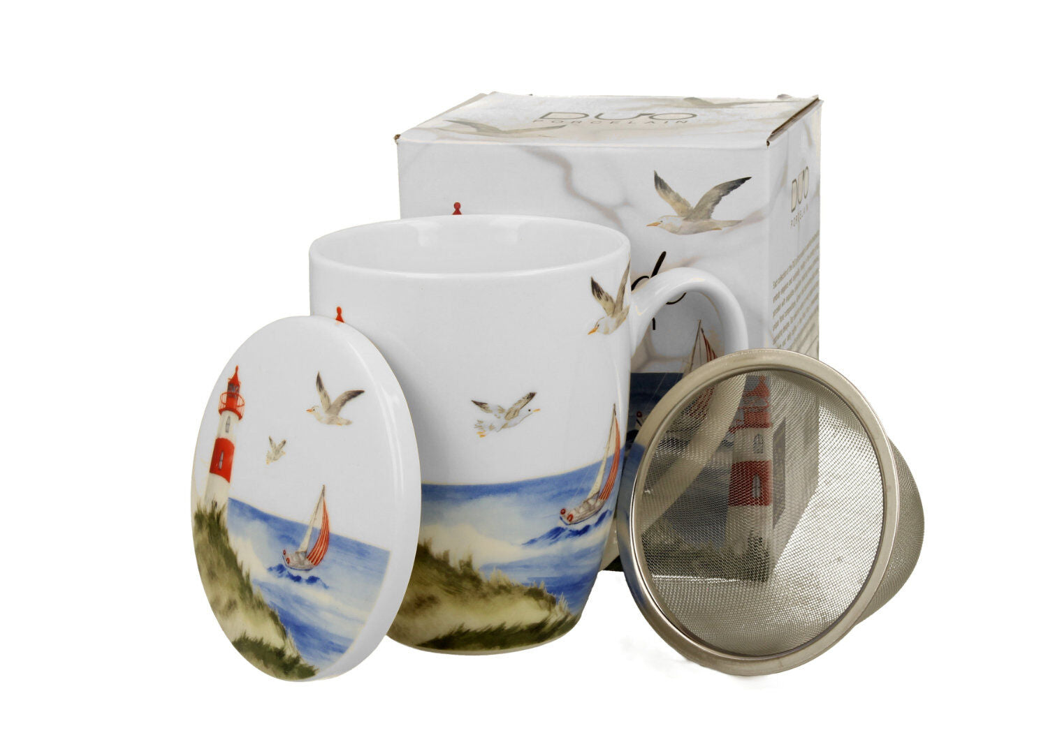 DUO Seaside Becher 360 ml LIGHTHOUSE (Leuchtturm) mit Teesieb, New Bone China Porzellan