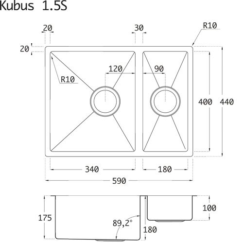 Lavabo KUBUS 1.5 soft Edelstahlspüle mit Raumsparventil / Ausschnittmaße: 570 x 420 / Spüle / Lavabo / Designspüle – Bild 2