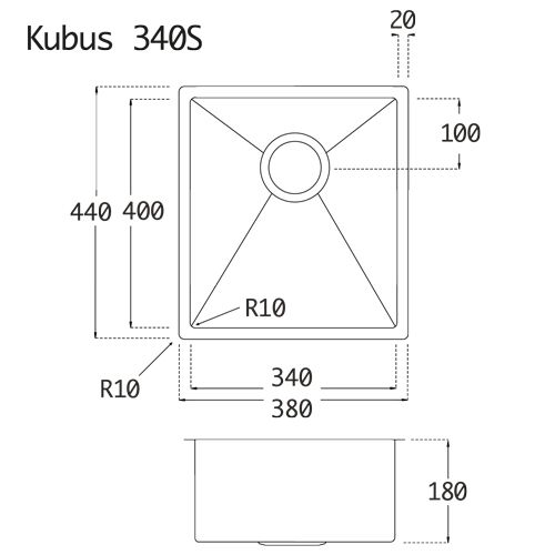 Lavabo KUBUS 340 soft Edelstahlspüle mit Raumsparventil / Ausschnittmaß: 360 x 420 / Spüle / Lavabo / Designspüle – Bild 2
