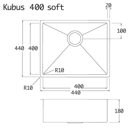 Lavabo KUBUS 400 soft Edelstahlspüle mit Raumsparventil / Ausschnittmaß: 420 x 420 / Spüle / Lavabo / Designspüle – Bild 2