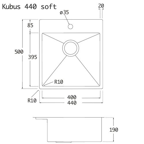Lavabo KUBUS 440 soft Edelstahlspüle mit Raumsparventil / Ausschnittmaße: 420 x 480 / Spüle / Lavabo / Designspüle – Bild 2