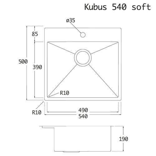 Lavabo KUBUS 540 soft Edelstahlspüle mit Raumsparventil / Ausschnittmaße: 510 x 470 / Spüle / Lavabo / Designspüle – Bild 2