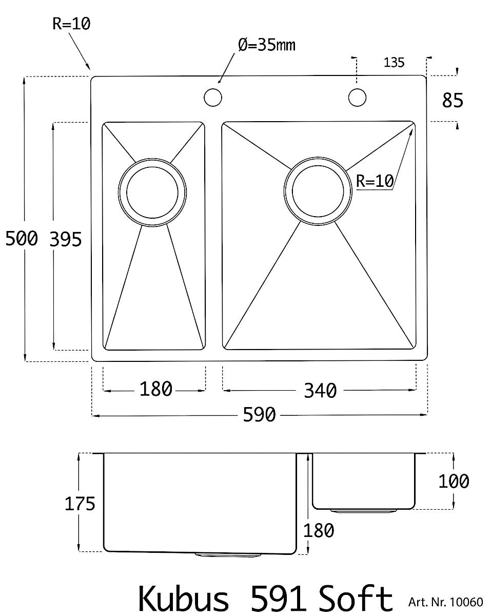 Lavabo KUBUS 591 soft Edelstahl Spüle inkl. Drehexcenter / Ausschnittmaße: 560 x 470 / Designspüle – Bild 2