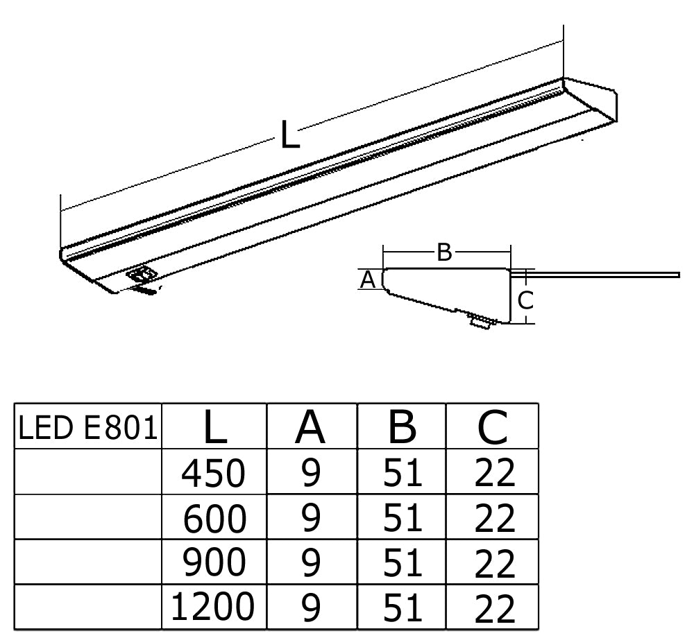THEBO LED E 801 Unterbauleuchte 240V mit Schalter und Anschlussleitung mit Eurostecker / Vitrinenleuchte