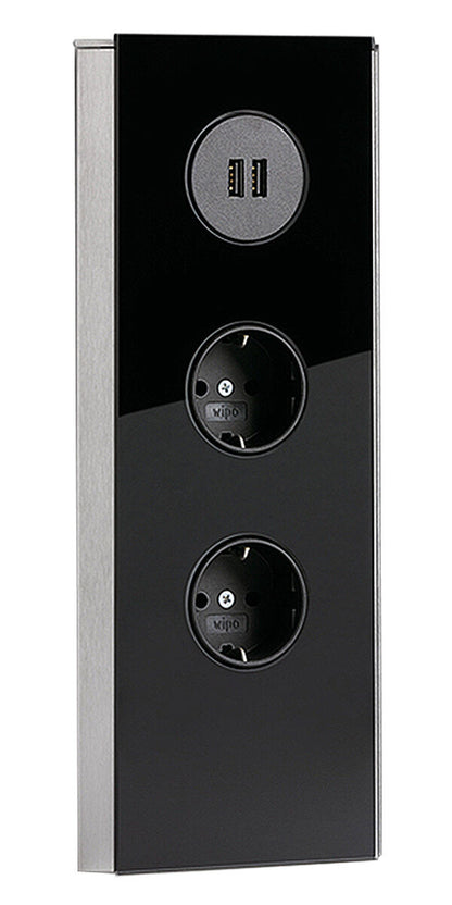 MIRA Eck Glas USB A Eck-Steckdose SCHWARZ - 2-fach Schuko und 2-fach USB Charger / Steckdosen