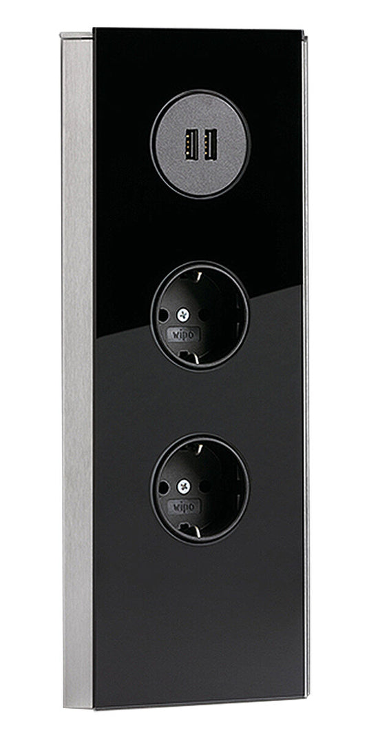 MIRA Eck Glas USB A Eck-Steckdose SCHWARZ - 2-fach Schuko und 2-fach USB Charger / Steckdosen