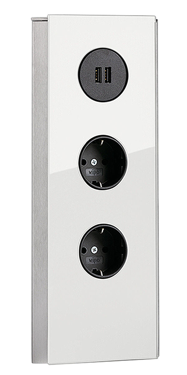 MIRA Eck Glas USB A Eck-Steckdose WEISS - 2-fach Schuko und 2-fach USB Charger / Steckdosen