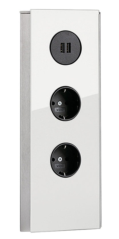 MIRA Eck Glas USB A Eck-Steckdose WEISS - 2-fach Schuko und 2-fach USB Charger / Steckdosen