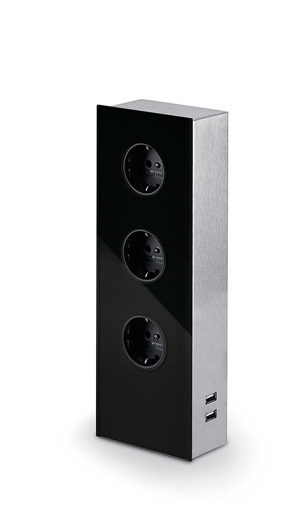 MIRA Glas-USB Steckdosenelement SCHWARZ - Schuko 3-fach und 2-fach USB Charger / Steckdosen / USB-Port