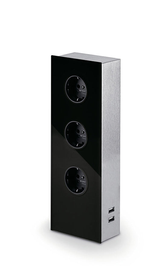 MIRA Glas-USB Steckdosenelement SCHWARZ - Schuko 3-fach und 2-fach USB Charger / Steckdosen / USB-Port