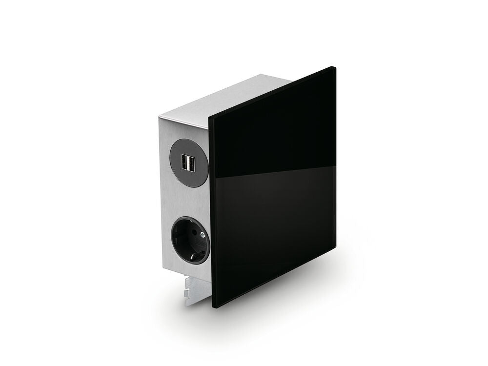 MIRA Quad Glas-USB Steckdosenelement SCHWARZ - Schuko 3-fach und 2-fach USB / Steckdosen / USB-Port