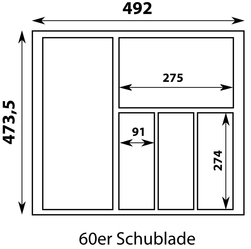 Besteckeinsatz MOVE Silbergrau, genarbt für 60er Schublade / Maße (BxT): 492 x 473,5 mm / Besteck-Einsatz / Einsatz / Besteckkasten / Schubladeneinsatz