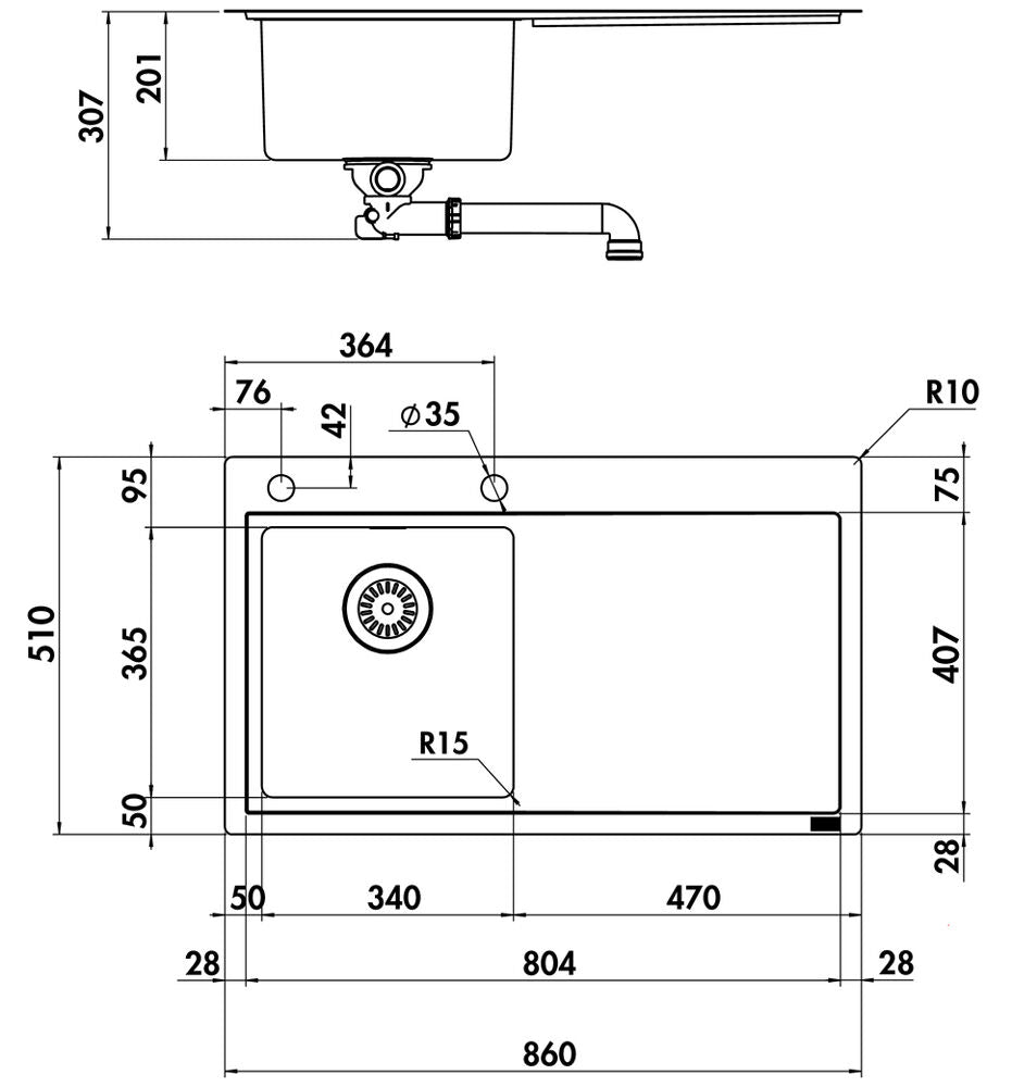 NABER Spüle CORNO ORA mit Druckknopfbedienung und Armaturenbank / 45er Schrankbreite / Edelstahl – Bild 2