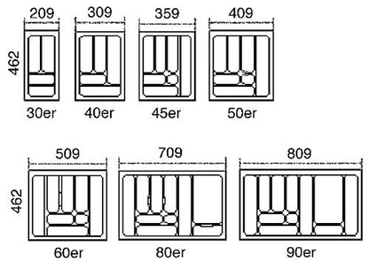 Besteckeinsatz NOBILIA-2012-30 mit 4-Facheinteilung, B 209 x T 462 mm / Schubladeneinsatz