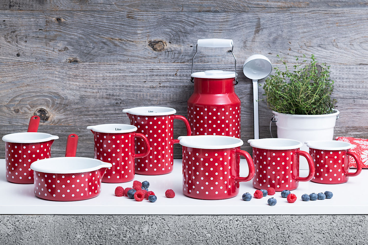 10er SET RIESS 0221-077 Topf mit Bördel 8 cm, 3/8 L, Emaille, Country, Pünktchen Rot / Trinkbecher – Bild 5