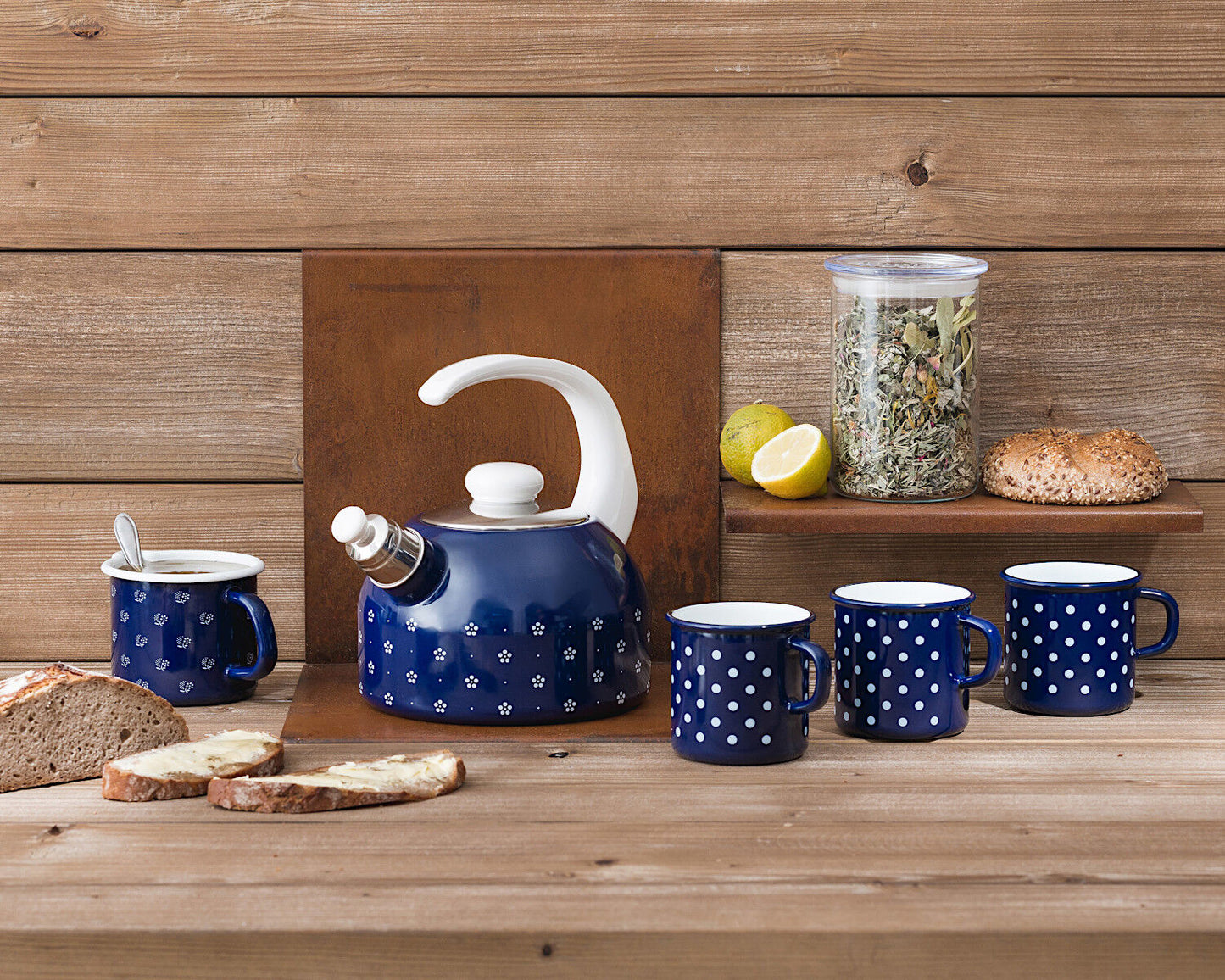 RIESS 0221-075 Topf mit Bördel 8 cm, 3/8 L, Emaille, Country, Pünktchen Blau / Trinkbecher – Bild 5