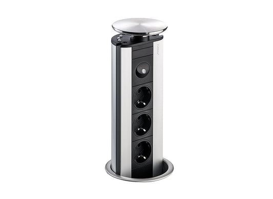 EVOLINE Port NIGHTLIGHT mit Edelstahldeckel und blauen LEDs - die versenkbare Energiebox mit 3 Steckdosen und LED / Schukosteckdosen / Steckdose