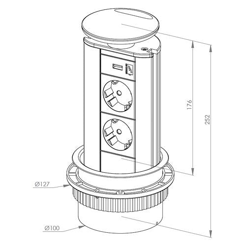 EVOLINE Port mit USB Charger - die versenkbare Energiebox mit 2 Steckdosen und Ladefunktion über 1 USB Buchse Typ A / Schukosteckdosen / Steckdose