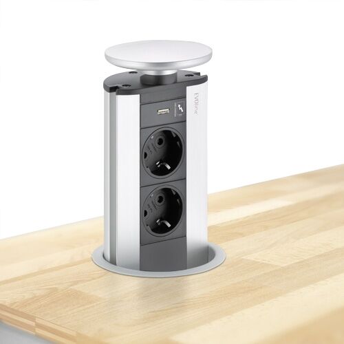 EVOLINE Port mit USB Charger - die versenkbare Energiebox mit 2 Steckdosen und Ladefunktion über 1 USB Buchse Typ A / Schukosteckdosen / Steckdose