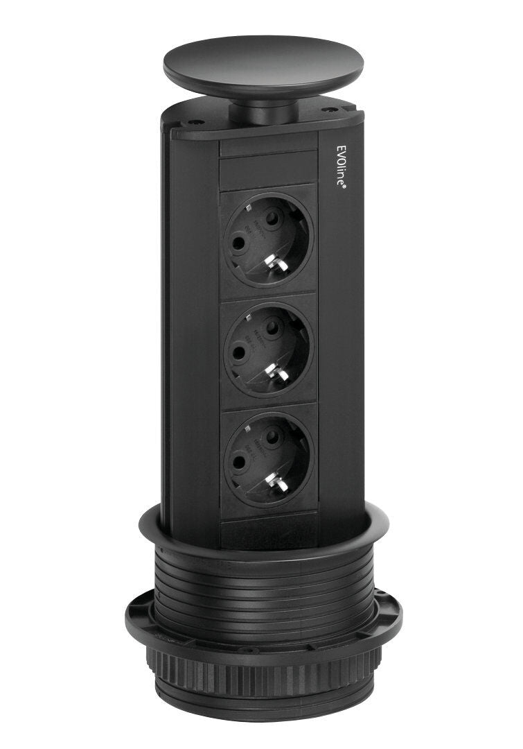 EVOLINE Port 1 versenkbare Energiebox mit 3 Steckdosen, Deckel und Profil schwarz matt / Schukosteckdosen / Steckdose