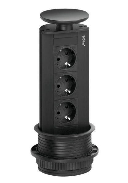 EVOLINE Port 1 versenkbare Energiebox mit 3 Steckdosen, Deckel und Profil schwarz matt / Schukosteckdosen / Steckdose