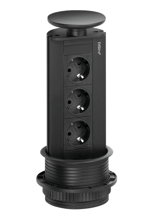 EVOLINE Port 1 versenkbare Energiebox mit 3 Steckdosen, Deckel und Profil schwarz matt / Schukosteckdosen / Steckdose