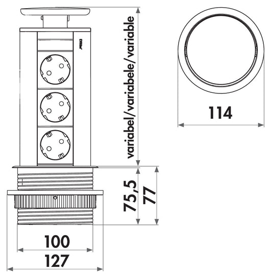 EVOLINE Port versenkbare Energiebox mit 3 Steckdosen und silberfarbigem Deckel / Schukosteckdosen / Steckdose