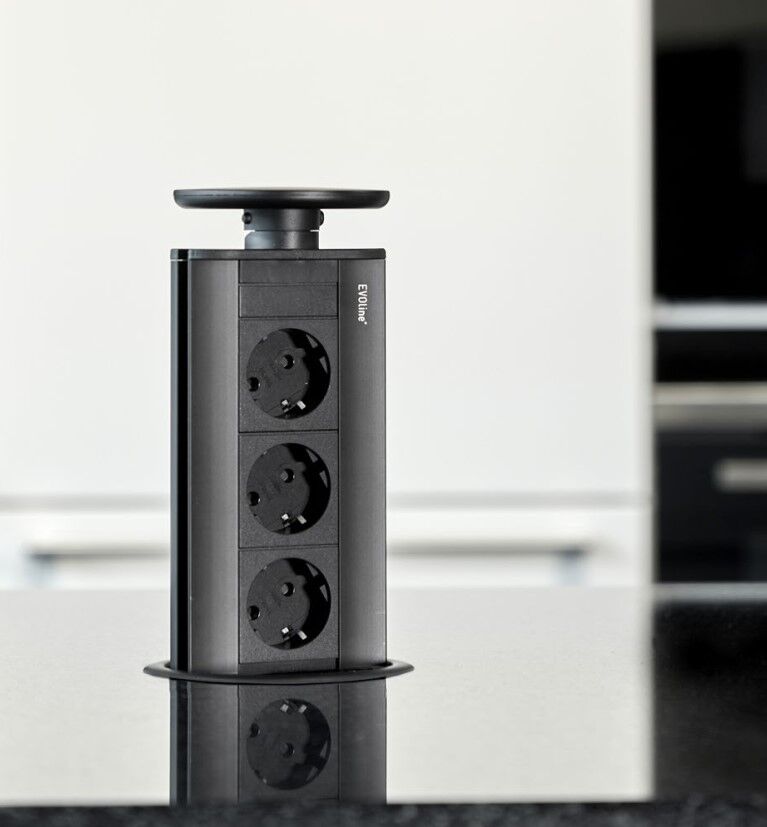 EVOLINE Port 1 versenkbare Energiebox mit 3 Steckdosen, Deckel und Profil schwarz matt / Schukosteckdosen / Steckdose