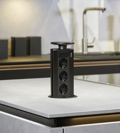 EVOLINE Port 1 versenkbare Energiebox mit 3 Steckdosen, Deckel und Profil schwarz matt / Schukosteckdosen / Steckdose