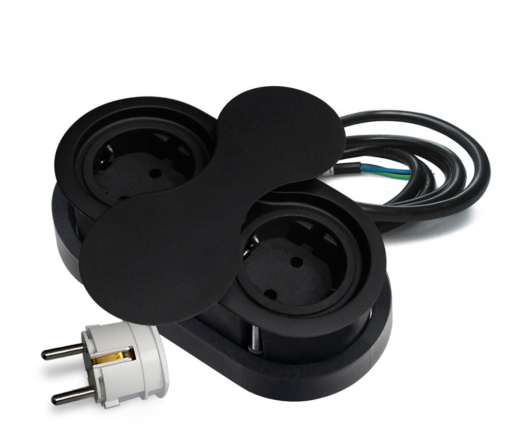 THEBO 2-fach Einbausteckdose ST 09 in Schwarz mit drehbarer Abdeckung / IP20