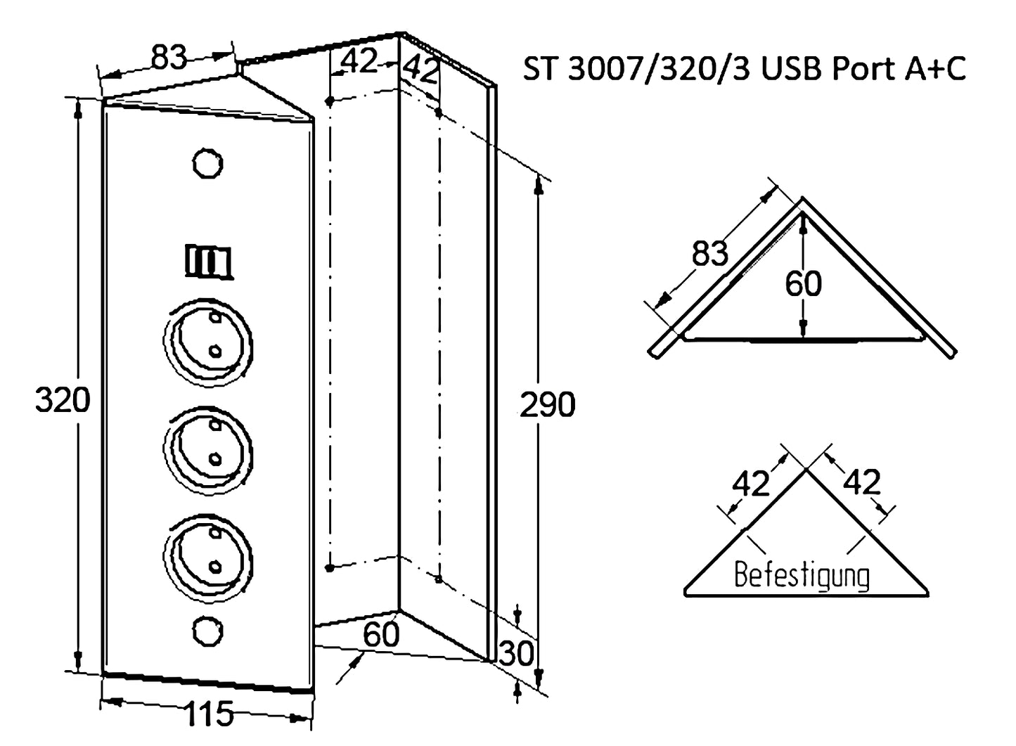 THEBO Energie-Ecksäule ST 3007/320/3 USB A und C / Ecksteckdosen / Steckdosenleiste / Steckdosen