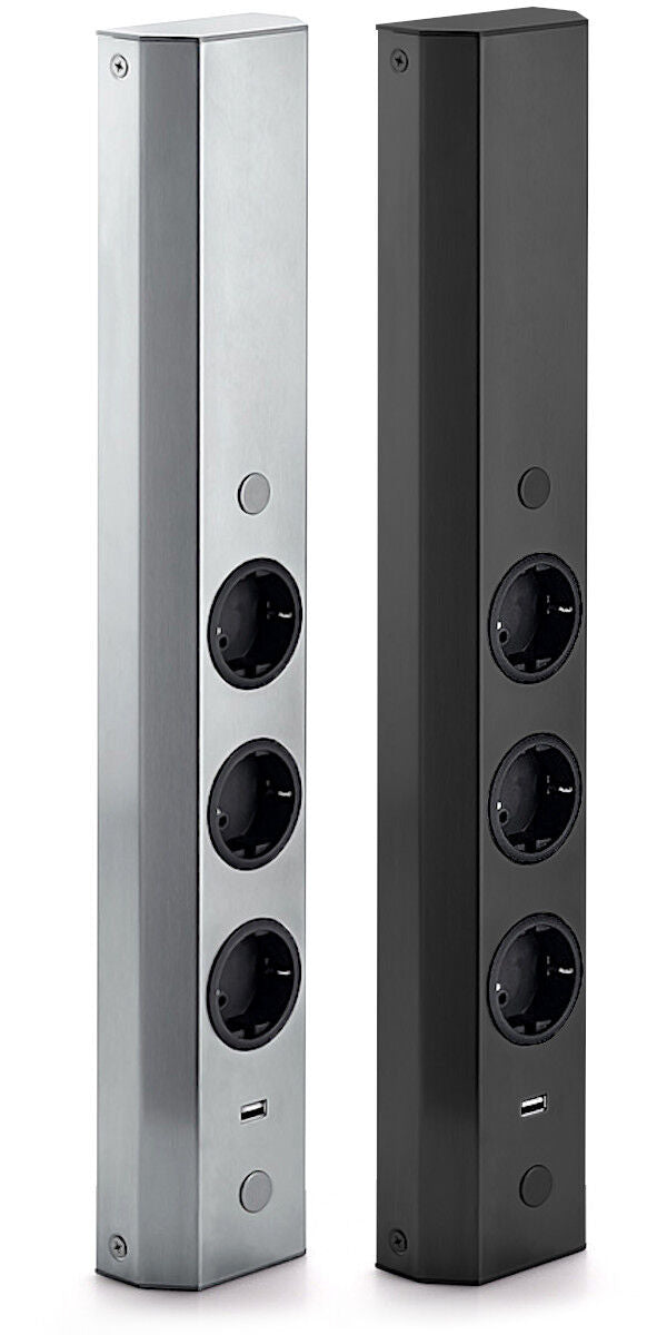Energiesäule ST 3061/3 USB in EDELSTAHL oder SCHWARZ mit 3 Steckplätzen und USB-Charger / Mehrfachsteckdose