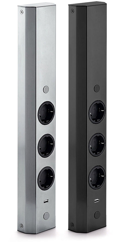 Energiesäule ST 3061/3 USB in EDELSTAHL oder SCHWARZ mit 3 Steckplätzen und USB-Charger / Mehrfachsteckdose