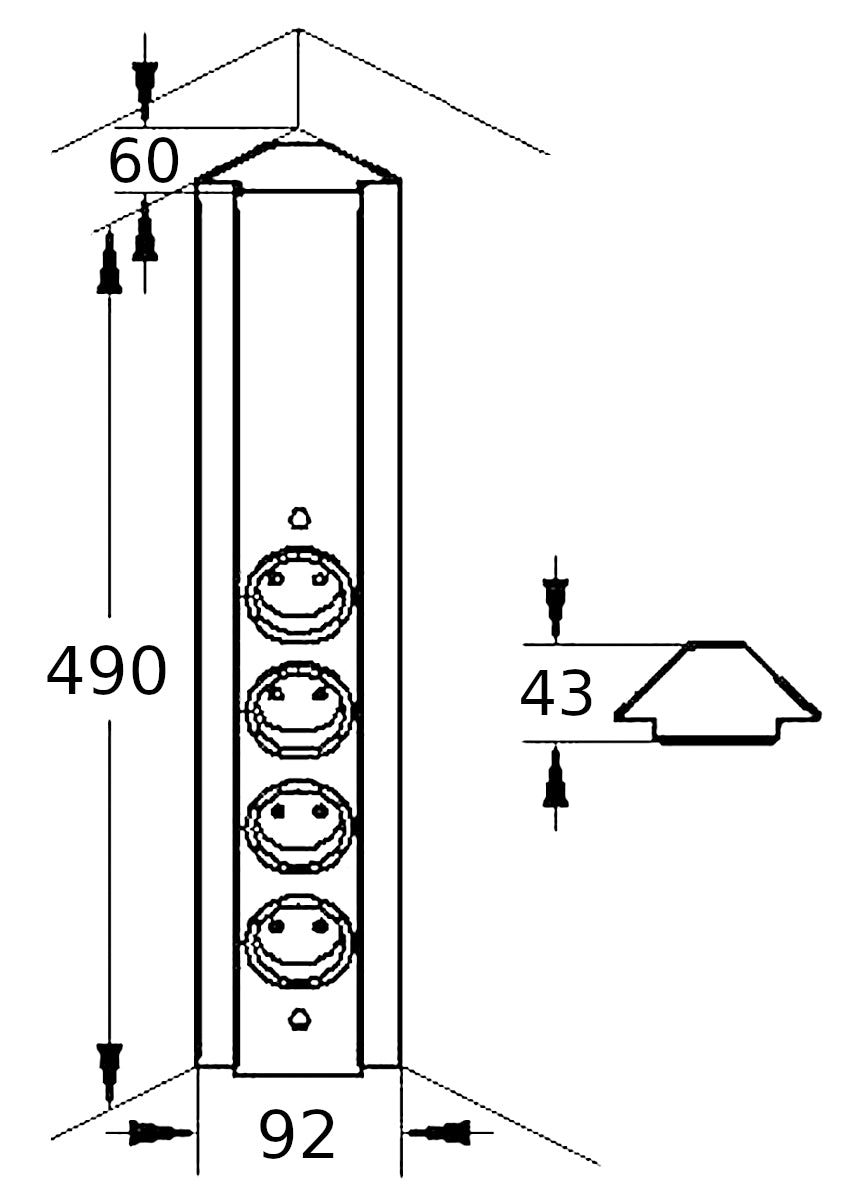 THEBO Energie-Ecksäule ST 3072/490 in Edelstahl oder Schwarz / Mehrfachsteckdose / Ecksteckdose