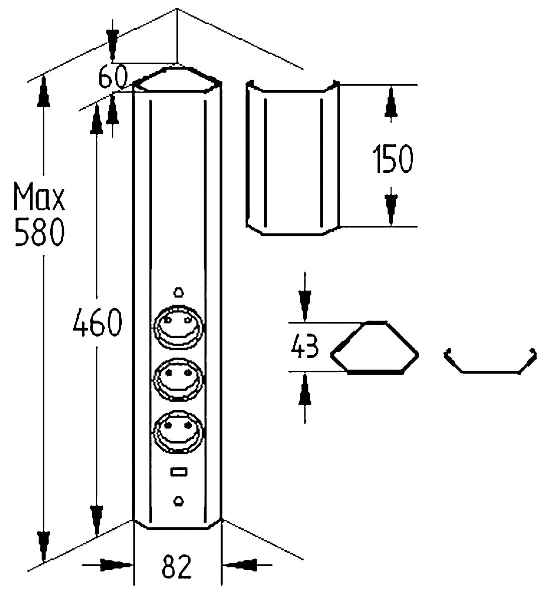 THEBO Energie-Ecksäule ST 3081/3 USB in EDELSTAHL oder SCHWARZ / Mehrfachsteckdose / Ecksteckdose