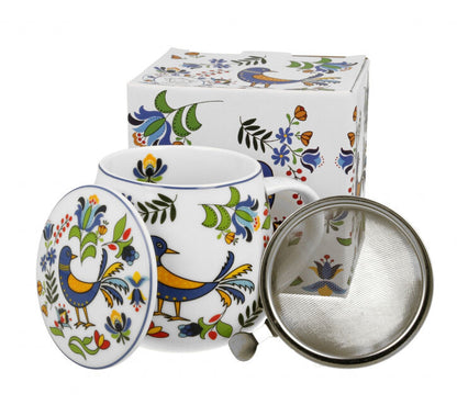 DUO ETNO Fassbecher 430 ml KASHUBIAN BIRD mit Teesieb, New Bone China Porzellan