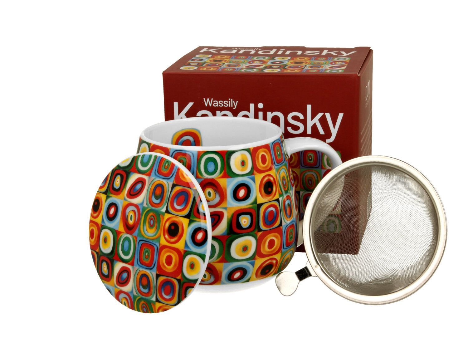DUO ART GALLERY Fassbecher 430 ml mit Teesieb und Deckel SQUARES WITH CIRCLES inspired by W. Kandinsky, New Bone China…