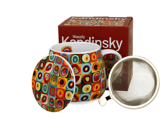 DUO ART GALLERY Fassbecher 430 ml mit Teesieb und Deckel SQUARES WITH CIRCLES inspired by W. Kandinsky, New Bone China…