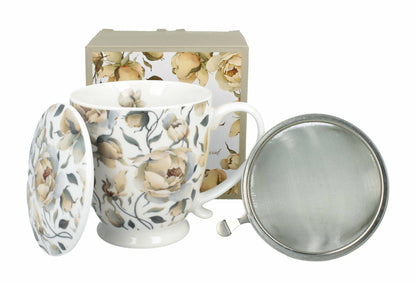 DUO Becher ENGLISH ROSES WHITE mit Fuß, 500 ml, inkl. Deckel und Teesieb, New Bone China Porzellan