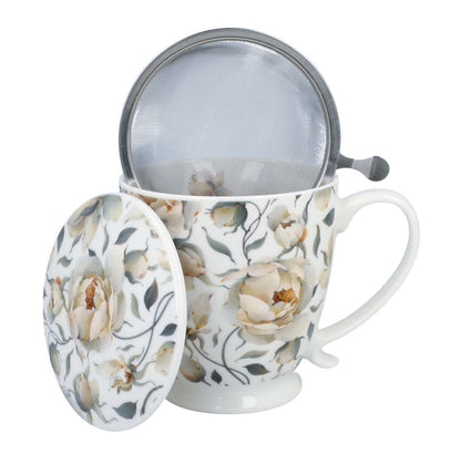 DUO Becher ENGLISH ROSES WHITE mit Fuß, 500 ml, inkl. Deckel und Teesieb, New Bone China Porzellan – Bild 2