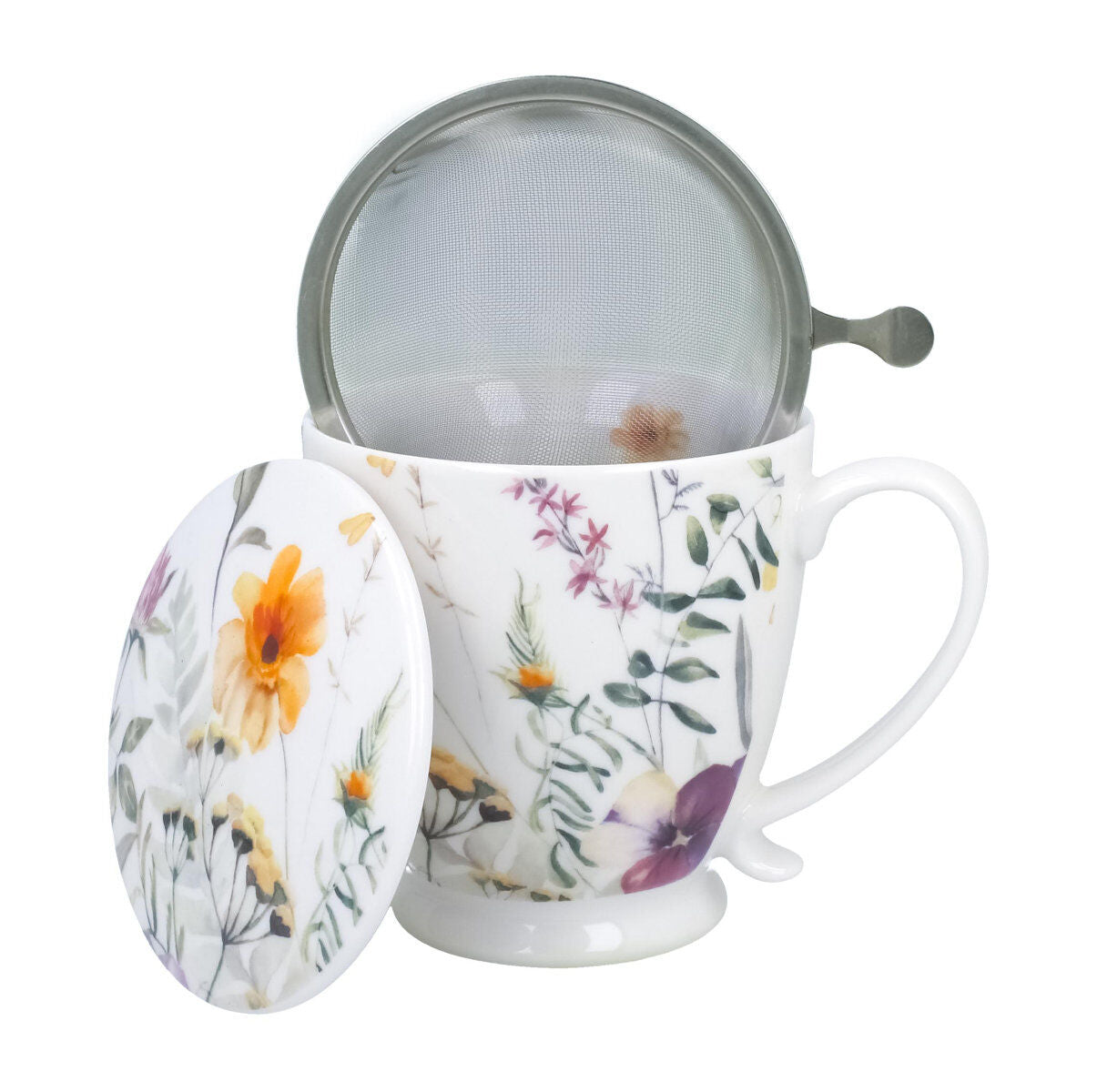 DUO Becher PANSY mit Fuß, 500 ml, inkl. Deckel und Teesieb, New Bone China Porzellan