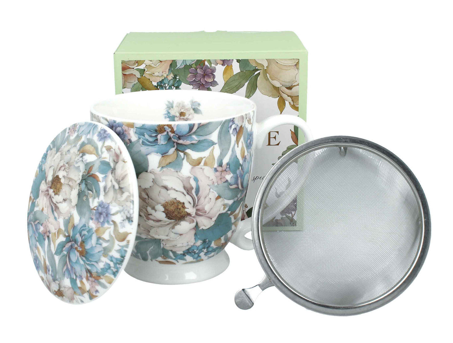 DUO Becher PEONY WHITE mit Fuß, 500 ml, inkl. Deckel und Teesieb, New Bone China Porzellan